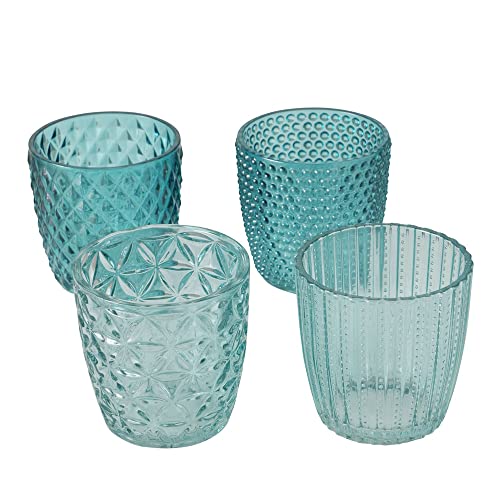 4tlg. Windlicht Marilu Aqua türkis hellblau Muster geriffelt aus Glas (4 Motive)