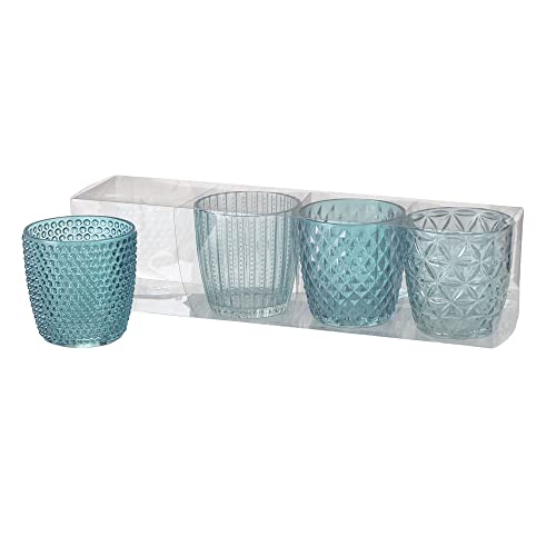 4tlg. Windlicht Marilu Aqua türkis hellblau Muster geriffelt aus Glas (4 Motive)