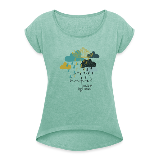 LOVE RAIN - Frauen T-Shirt mit gerollten Ärmeln - Minze meliert
